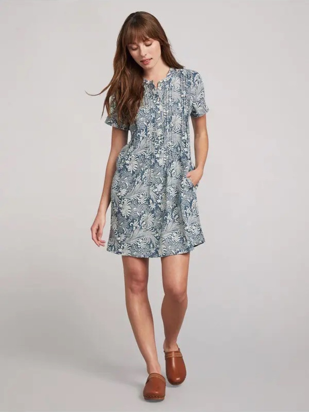FAHERTY BRAND Women's Gemina Dress Linen Floral Blue Short Sleeve Small